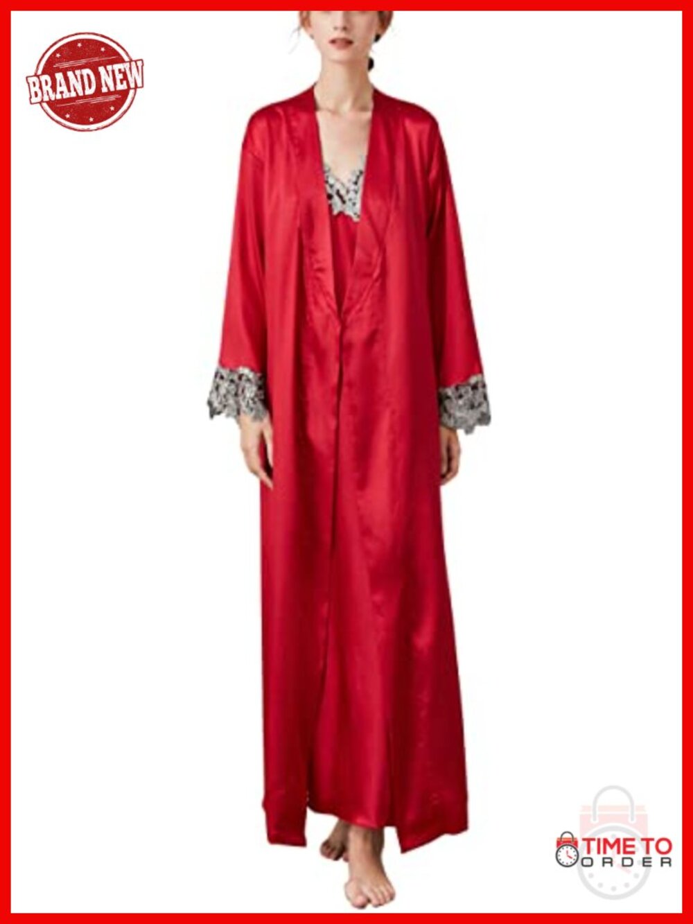 Women's 2 Piece Satin Nightgown and Robe Set, Long Sleeve Silk Pajamas, V-Neck